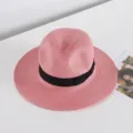 Pink straw fedora sun hat for women summer beach casual panama hat with black ribbon band - M (56-58cm) / Pink