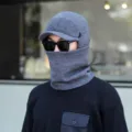 Men's winter knitted hat with visor earflaps and face mask thermal grey cap detail view - One Size / Set / Dark Gray