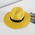 Sombrero de paja amarillo fedora para sol, elegante sombrero panama de playa con cinta negra. - M (56-58cm) / Amarillo