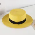 Yellow straw hat for women, elegant flat top boater hat with black ribbon bow, sun protection. - M (56-58cm) / Yellow