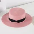 Pink straw hat with a black ribbon bow, perfect for summer beach vacations, sun protection. - M (56-58cm) / Pink