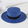 Blue straw boater hat with black ribbon, elegant flat top sun hat for women summer beach vacation. - M (56-58cm) / Blue