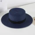 Navy blue straw hat detail, flat top wide brim design with black bow ribbon for summer. - M (56-58cm) / Dark Blue
