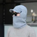 Close-up of men winter knitted hat and neck warmer set in grey, fleece lined for warmth. - One Size / Set / Light Gray