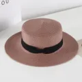Women flat top straw hat summer sun protection beach hat vintage black ribbon bow hat - M (56-58cm) / Pink Purple