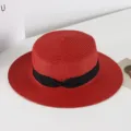 Women red straw hat summer British retro flat top fedora sun protection beach hat travel - M (56-58cm) / Red