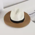 Summer straw hat for women, large brim sunhat with black ribbon, chic beach fedora hat for vacation. - M (56-58cm) / Khaki