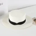 Women summer straw hat flat top wide brim sun hat elegant black bow beach hat holiday fashion - M (56-58cm) / Beige