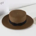 Chic brown flat top straw hat with black ribbon bow, vintage British style sun protection beach hat. - M (56-58cm) / Tan
