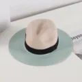 Summer women straw hat details, wide brim sun hat with black ribbon, elegant beach jazz cap. - M (56-58cm) / Green