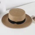 Women vintage flat top straw hat with black bow summer elegant beach sun hat breathable - M (56-58cm) / Light Khaki
