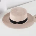 Korean style summer straw hat with black bow, flat top boater hat for women sun protection. - M (56-58cm) / Dark Khaki