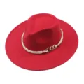 Red wool fedora hat with white rope chain trim, classic flat brim stylish cap variant. - M (56-58cm) / Red