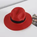 Red straw fedora hat for summer sun protection, classic panama beach hat with black ribbon band. - M (56-58cm) / Red