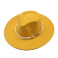Classic yellow wool fedora hat with white braided rope and metal chain decoration for men women - M (56-58cm) / Yellow