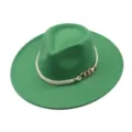 Green wool fedora hat with white rope and gold chain trim, stylish wide flat brim jazz cap. - M (56-58cm) / Green