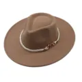 Camel woolen fedora hat with white rope and metal chain trim, stylish flat wide brim design. - M (56-58cm) / Khaki