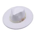 White wool fedora hat with elegant rope and gold chain trim, stylish wide flat brim cap. - M (56-58cm) / White