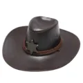 Primo piano dettagliato del cappello da cowboy western marrone con badge e corda. - M(56-58cm) / Marrone scuro