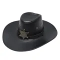 Cappello da cowboy western in pelle PU nera con distintivo a stella da sceriffo e corda. - M(56-58cm) / Nero