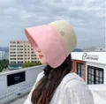 Stylish color-blocked sun hat with straw crown and wide UV protection brim for women. - M (56-58cm) / Pink