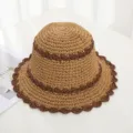 Sombrero de cubo de paja trenzada para mujer, elegante sombrero de sol de verano con ala ondulada. - Estilo Patchwork Beige Marrón (tp14)