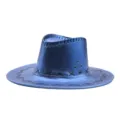 Blue metallic western cowboy hat with decorative black stitching and eyelets for party use. - M (56-58cm) / Blue