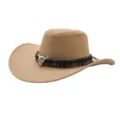 Western cowboy hat detail featuring a stylish bull skull metal ornament and woven tribal band. - M (56-58cm) / Light Khaki