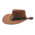 Detail view of the brown western cowboy hat featuring tribal pattern band and metal bull skull deco. - M (56-58cm) / Brown