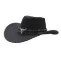 Detailed view of black western cowboy hat with ethnic band and metal bull skull decoration. - M (56-58cm) / Black