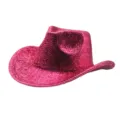 Close-up detail of the sparkling pink sequin cowboy hat, metallic jazz party fedora. - M (56-58cm) / Rose Red