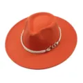 Orange wool fedora hat with twisted rope and gold chain stylish flat brim jazz cap - M (56-58cm) / Orange