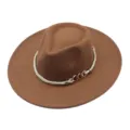 Brown woolen fedora hat for men and women, flat brim jazz hat with stylish rope and chain decor. - M (56-58cm) / Brown