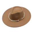 Khaki felt fedora hat with white rope and gold chain, stylish wide brim jazz hat for daily wear. - M (56-58cm) / Camel