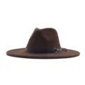 Brauner Wollfilz Fedora Hut für Damen und Herren, breiter Jazz Hut mit schwarzem Lederriemen. - M (56-58cm) / Kaffeebraun