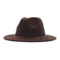 Chapeau fedora en feutre de laine marron pour femme avec fine ceinture en cuir, style britannique. - M (56-58cm) / Café