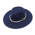 Classic navy blue felt fedora hat with stylish rope and metal chain band for unisex fashion. - M (56-58cm) / Navy Blue