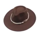 Stylish Brown Wide Brim Wool Fedora Hat with Decorative Rope and Chain for Men and Women - M (56-58cm) / Coffee