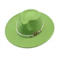 Green wool fedora hat with white rope and gold chain detail, stylish flat brim jazz cap for adults. - M (56-58cm) / Fruit Green