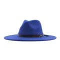 Blauer Woll-Fedora-Hut für Damen und Herren, stilvoller Winter-Jazzhut mit schwarzem Ledergürtel. - M (56-58cm) / Saphirblau