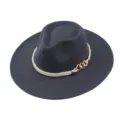 Wool felt fedora hat, dark grey flat wide brim jazz hat with rope chain decor SKU. - M (56-58cm) / Dark Gray