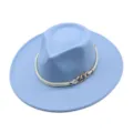 Light blue woolen fedora hat for men and women, wide flat brim jazz hat with chain rope band. - M (56-58cm) / Sky Blue