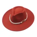 Red wool felt fedora hat with white rope and metal chain band, stylish wide flat brim jazz hat. - M (56-58cm) / Caramel color