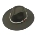 Dark green wool fedora hat with white rope and gold chain trim, stylish flat brim jazz cap. - M (56-58cm) / Army Green