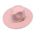 Pink felt fedora hat with white rope and gold chain, stylish wide brim jazz hat for women. - M (56-58cm) / Light Pink