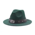 Πράσινο τσόχινο καπέλο cowboy western jazz fedora hat με μεταλλική αγκράφα κεφάλι ταύρου - M (56-58cm) / Σκούρο Πράσινο