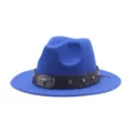 Μπλε τσόχινο καπέλο καουμπόι fedora με καφέ δερμάτινη ζώνη και μεταλλική αγκράφα ταύρου. - M (56-58cm) / Μπλε ζαφείρι