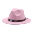 Cappello fedora in feltro rosa con tesa larga, fascia in pelle e perline di legno. - M (56-58cm) / Rosa