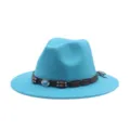 Cappello Fedora in feltro di lana blu, tesa larga jazz cap con cintura in pelle di perline retrò. - M (56-58cm) / Blu lago