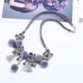 Grey fabric flower pom-pom tassel multi-layer collarbone necklace short sweater chain jewelry - Gray